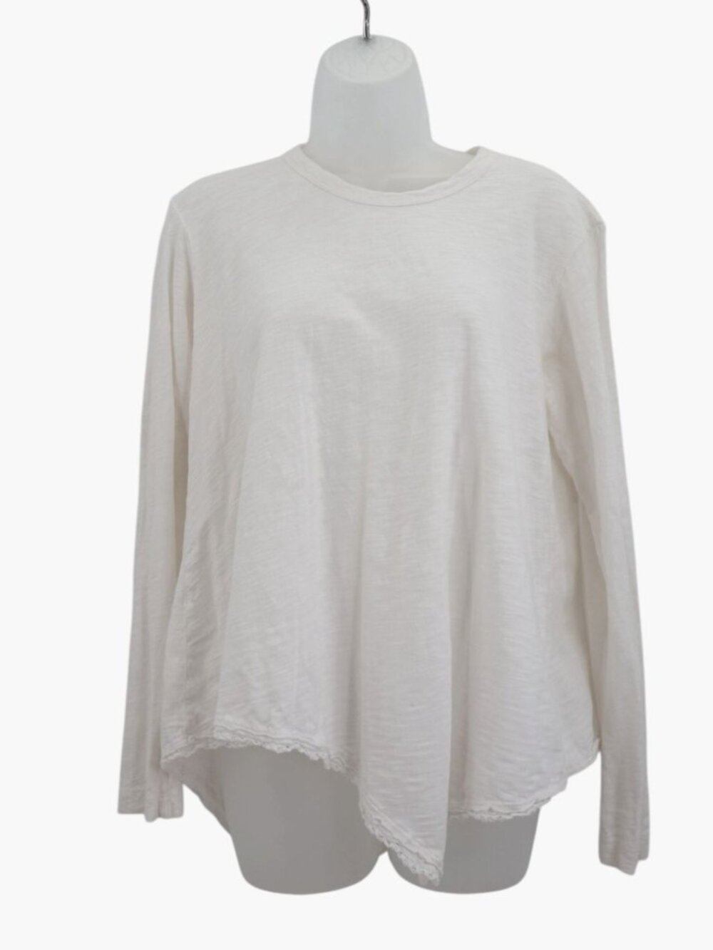 Wilt Womens Long Sleeve Asymmetric Hem Tee Small White Slub Cotton Lace Trim Top